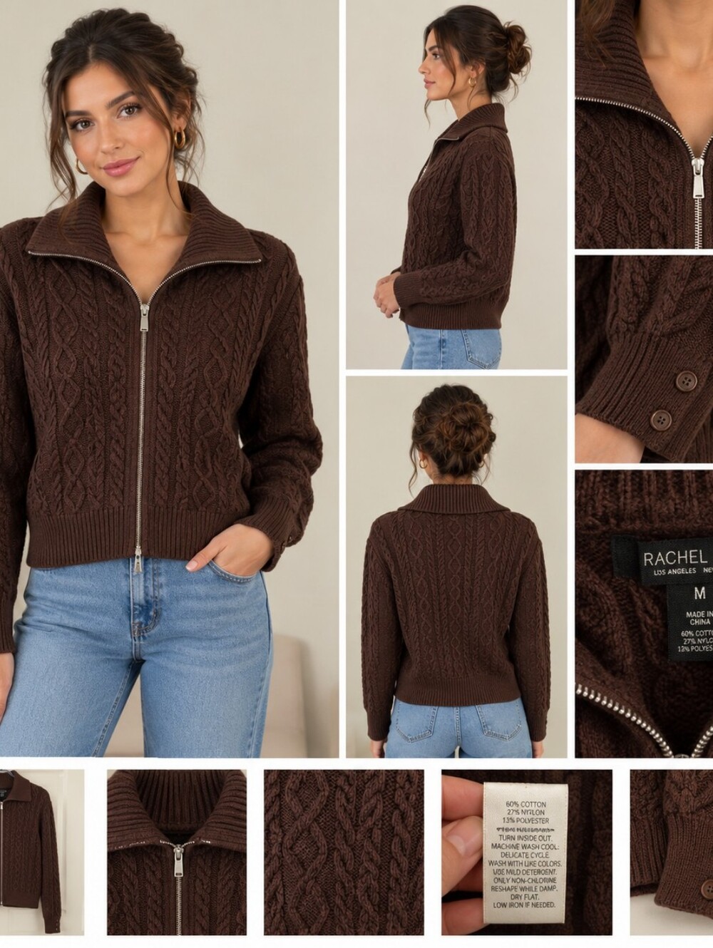 Womens Cable-Knit Zip-Up Sweater - Brown - X-Large